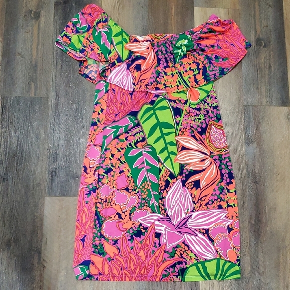 Trina Turk Pink and Green Off-Shoulder Sundress - Picture 1 of 10